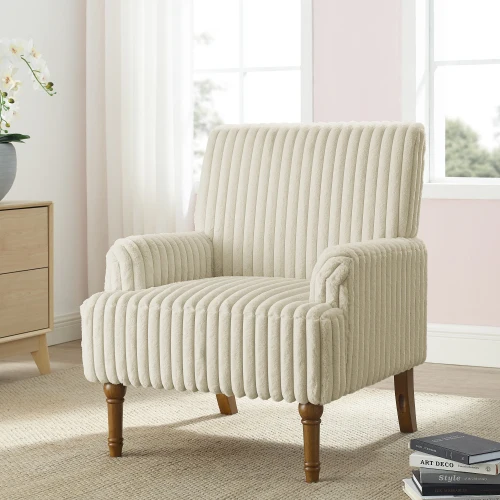 

！@Modern Outdoor Accent Chair 3.5cmW Wide Wale Corduroy 9" Rosewood Legs Comfortable Upholstered Armchair Beige Garden