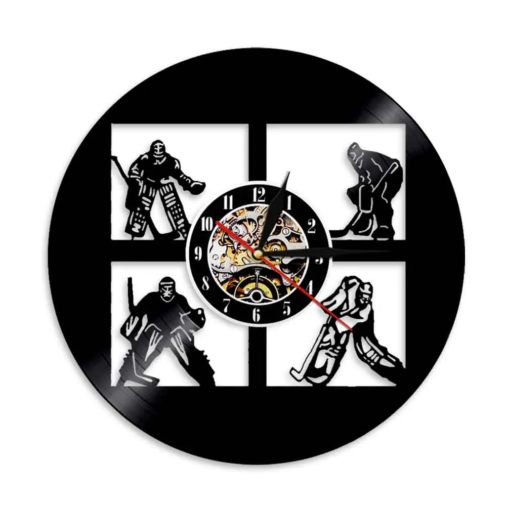 Hockey Vinyl Record Wall Clock USA Hockey Game Players Goalkeepers Sports Room Wall Decor Silent Watch Gift For Hockey Lover