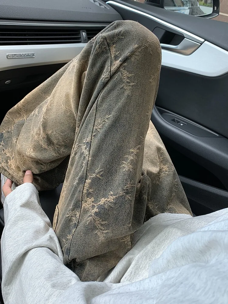 

Retro Blue Heavyweight Thistle Embroidery Jeans Men's Waed Vintage High Waist American Micro Flared Pants Straight Leg Loos...