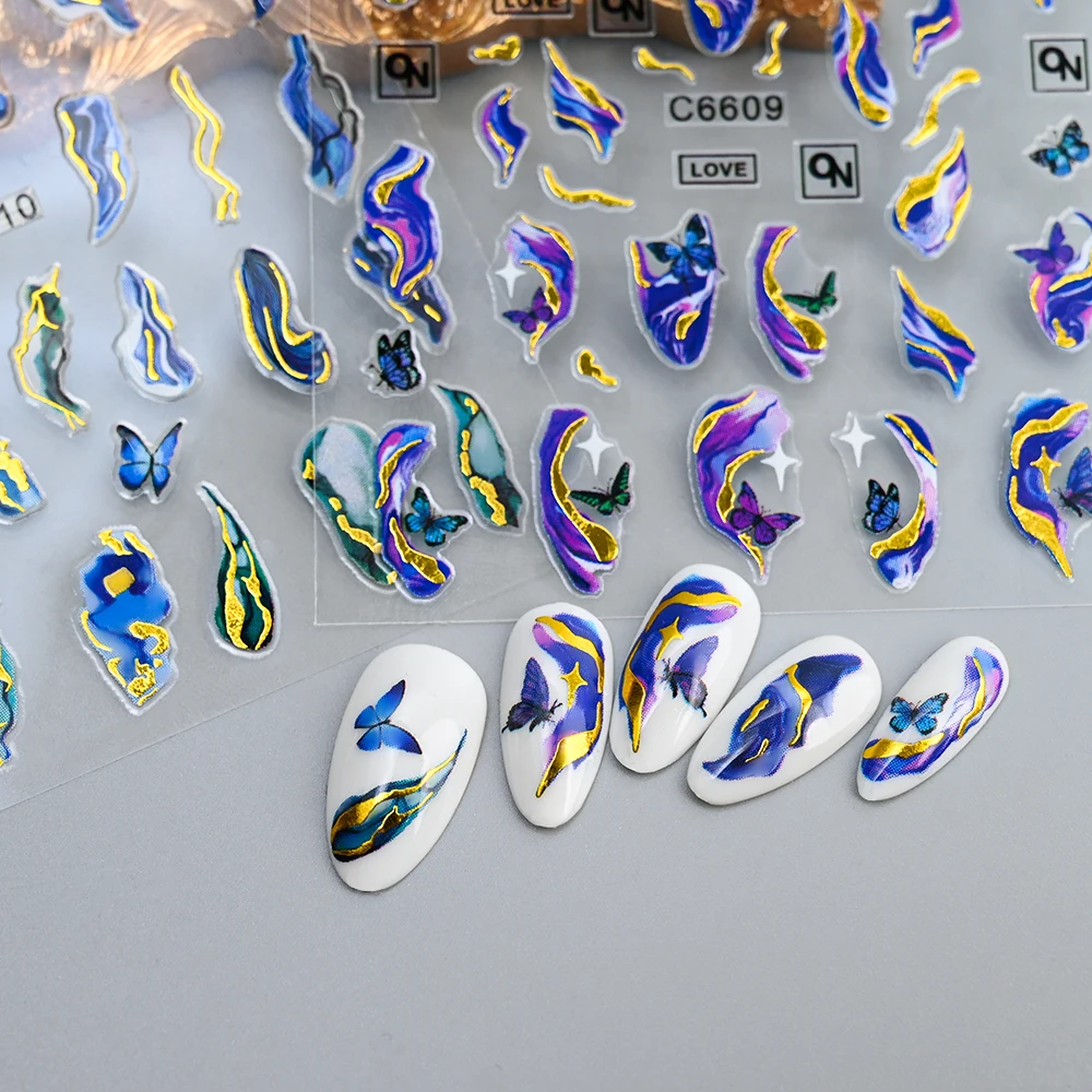 12pcs Blue Gold Wave Lines Sliders on Nail Charms Marble Smoky Nails Stickers Blooming Ink Painting Decal Adornment Manicure DIY