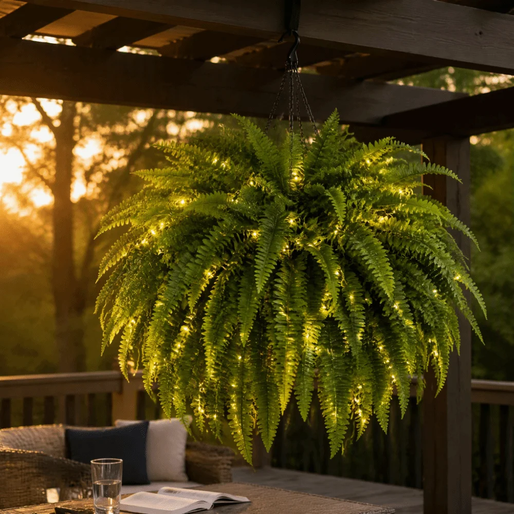 88 Leaves Glowing Boston Ferns with Lights Silk Leaf Plastic LED Artificial Boston Fern Realistic Fade Resistant