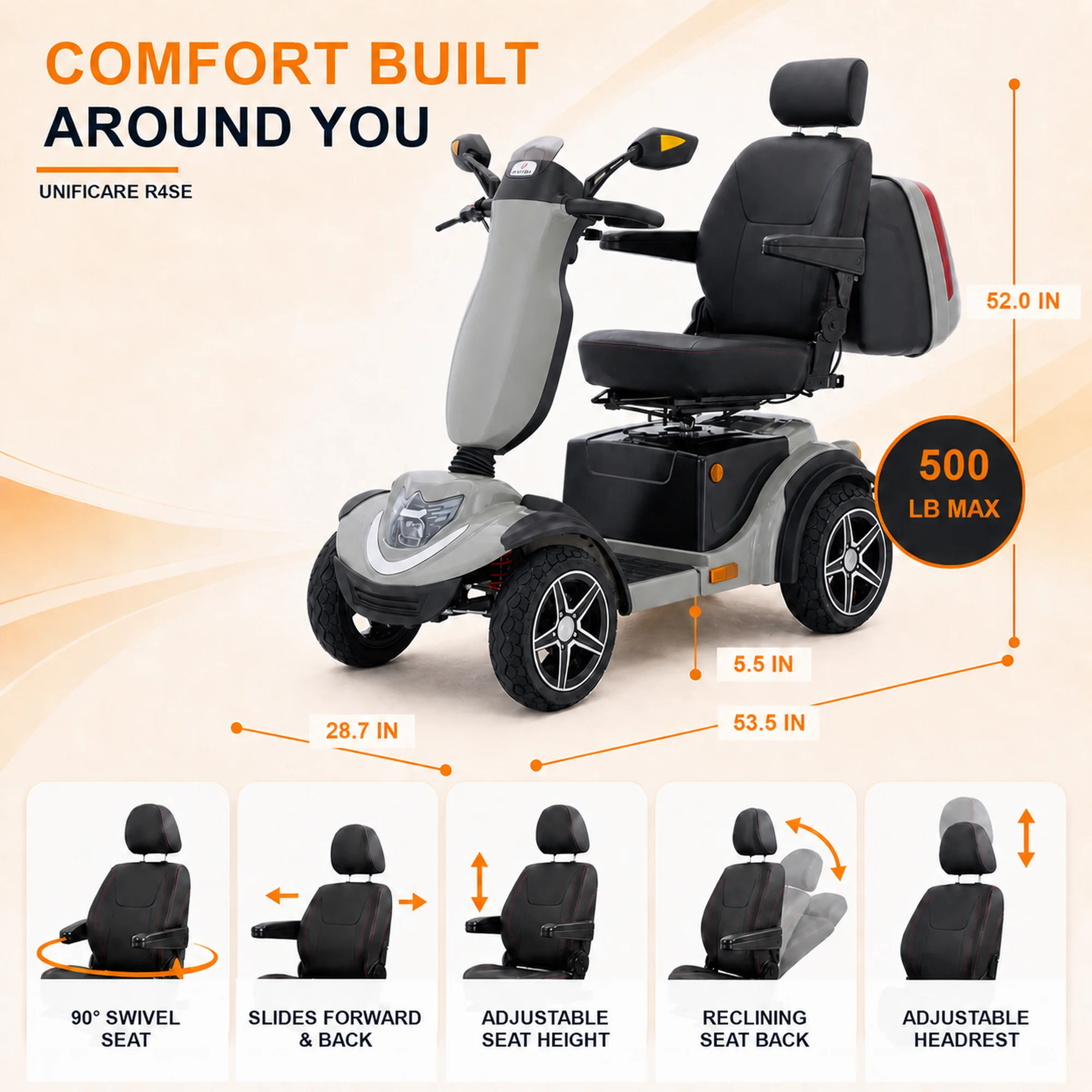 Unificare R4SE 4 Wheel Mobility Scooter For Seniors Heavy Duty Handicap Electric Scooter Keyless Start Bluetooth Audio Full Suspension With Lockable Removable Rear Storage Box