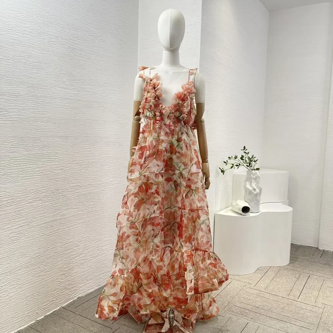 

Silk 2024 New Holiday Design Women Three Dimensional Flower Decoration Floral Print Backless Appliques Irregular Hem Maxi Dress