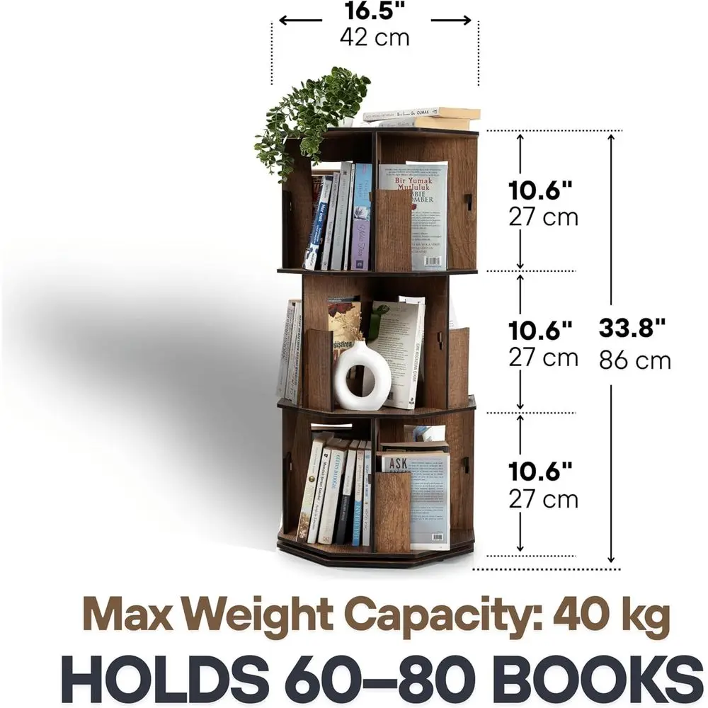 3 Tier Rotating Bookshelf Tower with Lazy Susan – Spinning Bookshelf Tower, Revolving Bookcase, Turning Book Shelf, Rotating Boo