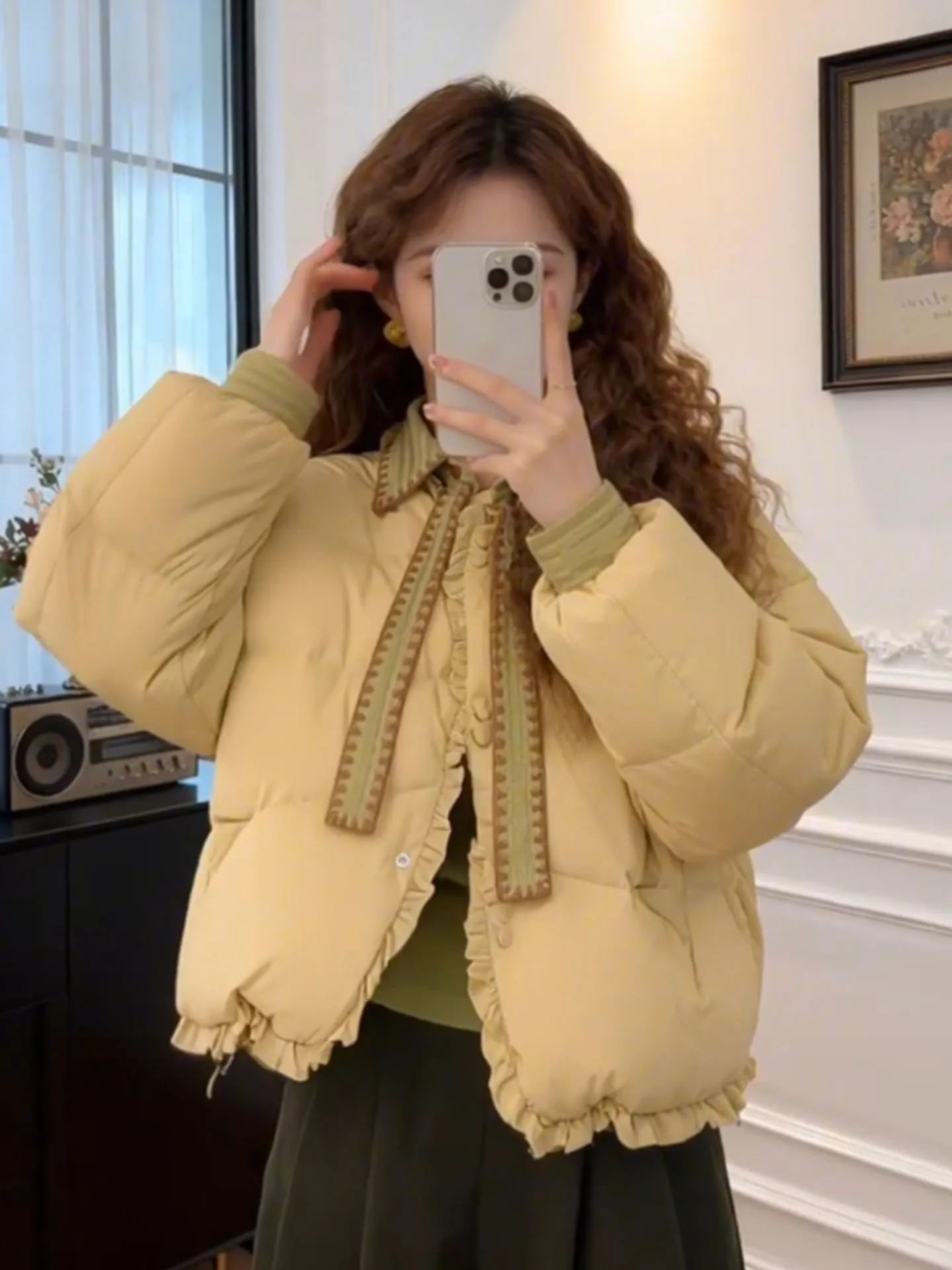 

Sli ort Puffer Jaet Женская желто-белая зимняя верхняя одежда Thiened в Корейском стиле, стандартный крой с высокой талией