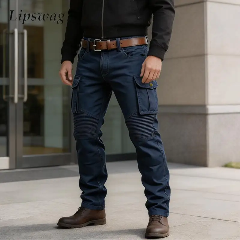 Vintage Pleated Loose Straight Cargo Pants Men Summer Casual Solid Color Multi Pockets Trousers Mens Work Wear Autumn Bottoms