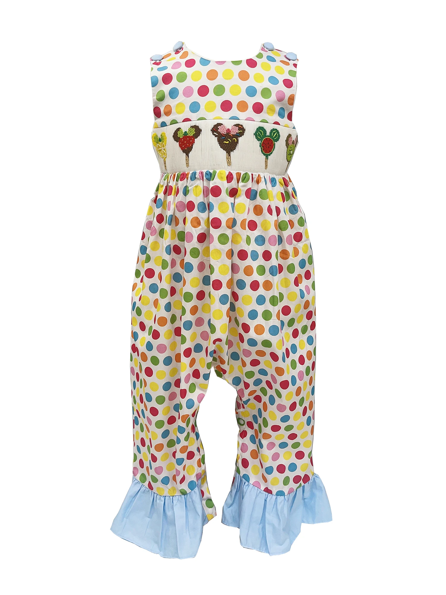 Handgemachte Smocking niedlichen Mauskopf Obst Eis am Stiel Baumwolle Overall bunte Punkt Blase auffällige lässige Outfit Kinder kleidung