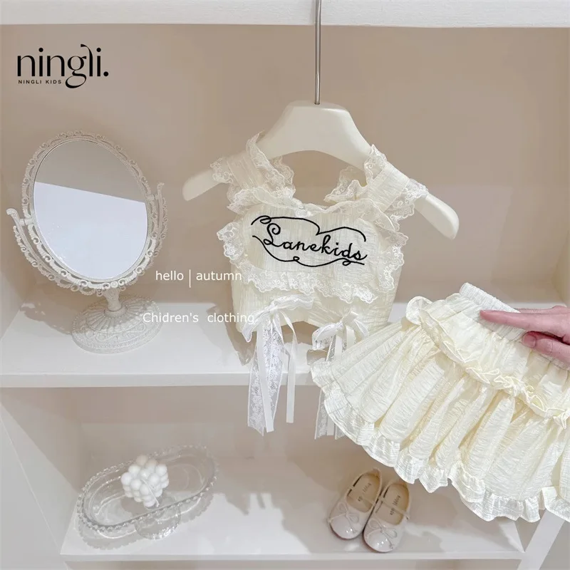 Korean Style Kids Summer Clothing Baby Girl Bow Lace Vest Cake Skirt Trousers Two-Piece Set Girl Suit Fashion