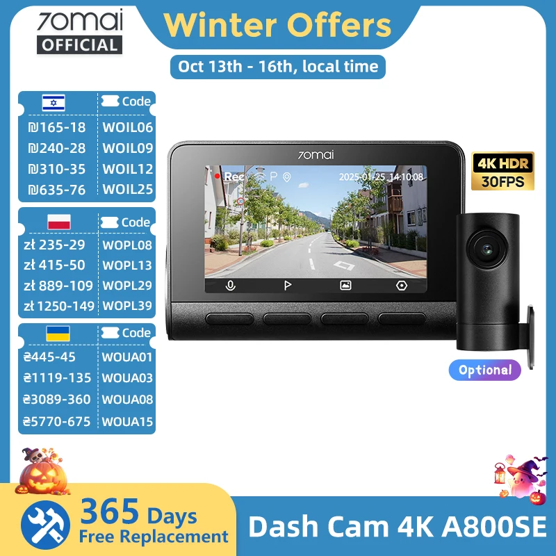 70mai A800SE 4K Car DVR with Rear Cam Support