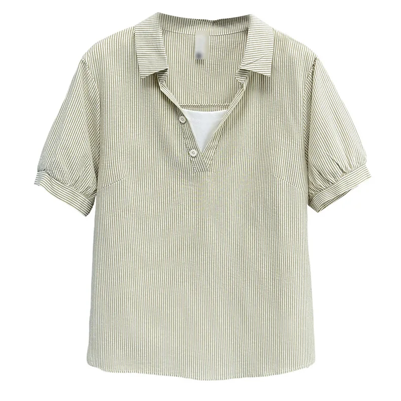 

Летние блузки, новинка, 100 кг, стильная повседневная рубашка-поло с искусственным вырезом, полосатая рубашка с коротким рукавом из двух предметов, женский топ больших размеров 2526