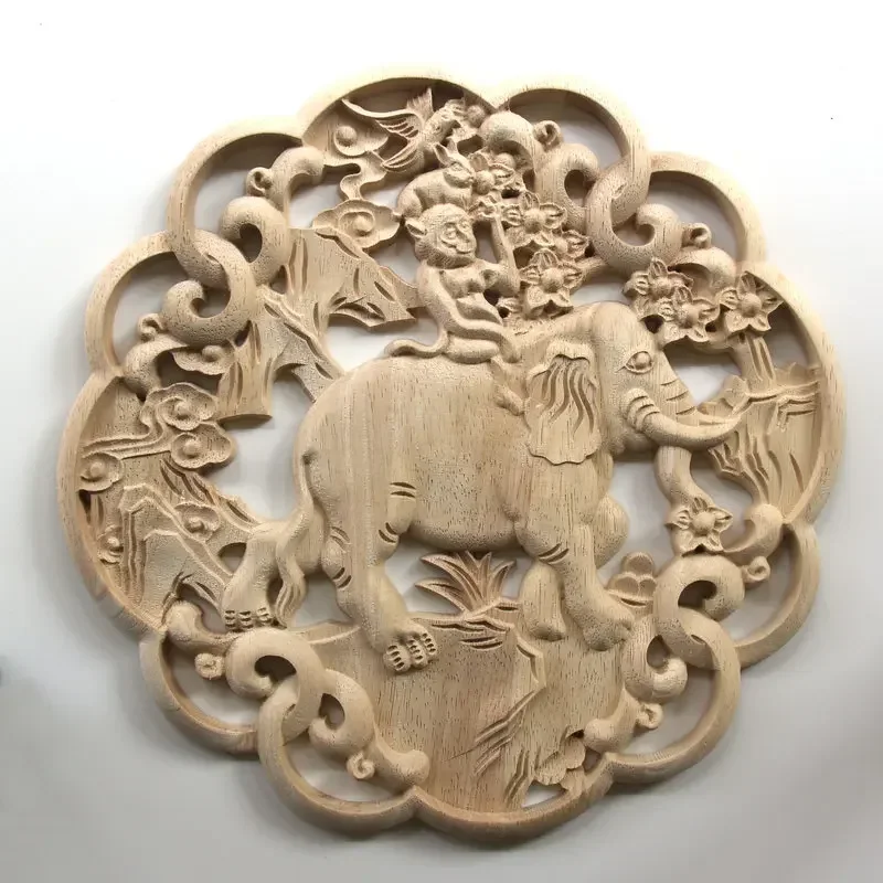 

1pc Tibetan Solid Wood Carving and Decal Circular Decoration Elephant Shaped Relief Sculpture Wood Carving Crafts Home Decor