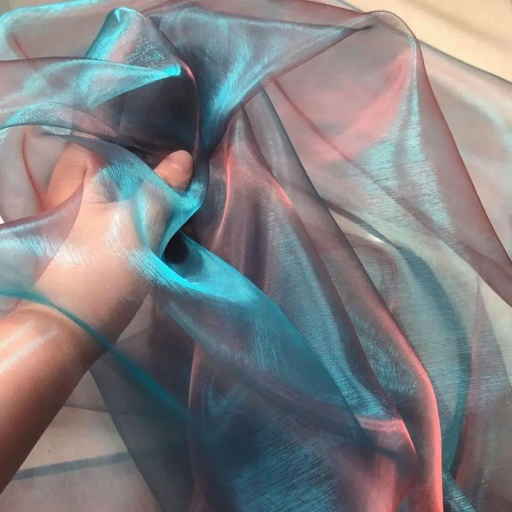 150X100cm Organza Fabric Two-color Gradient Soft Yarn Laser Fabric Blue Green Magic Mercerized Yarn DIY Fabric Clothing Design