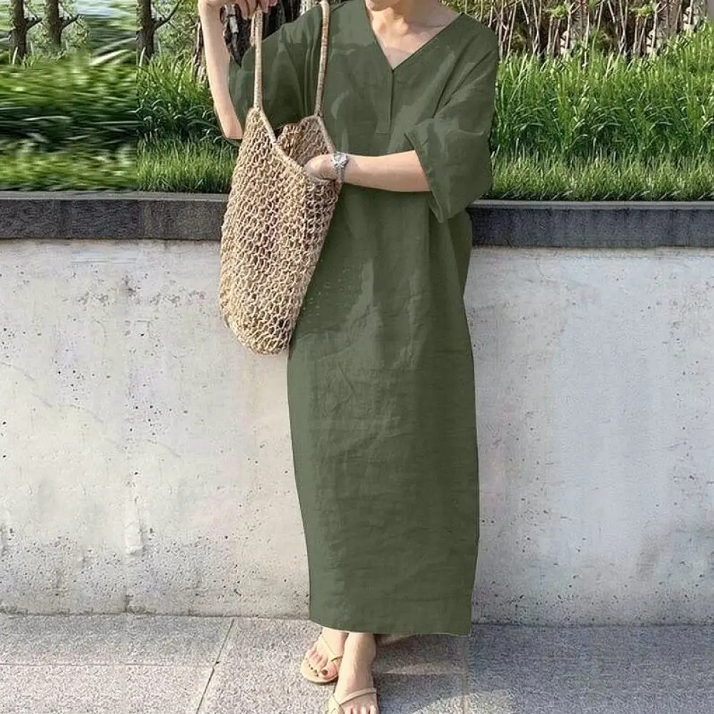 Elegant Womens Maxi Dress V Neck Short Sleeve Loose Cotton Linen Blend Solid Color Casual Comfortable Plus Size Summer Vestido