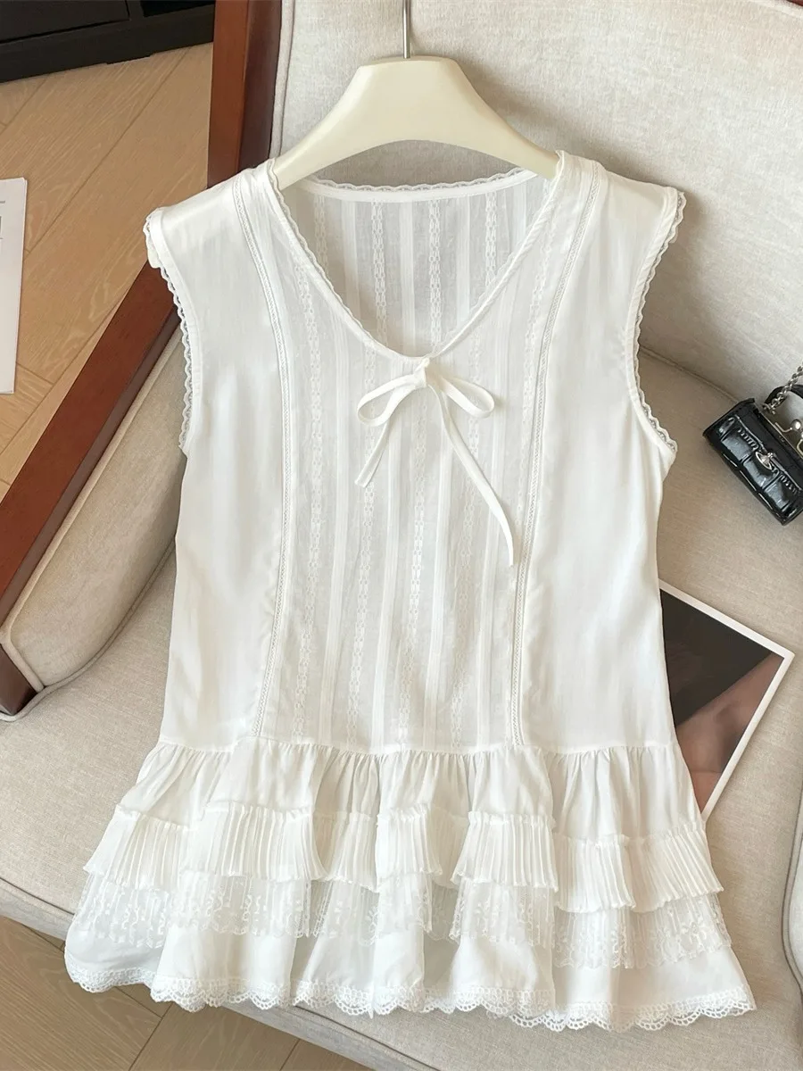 

Pure Desire Lace Splice Svel irt Женская летняя новая белая кукла irt Тонкая юбка-тортик Длина топ с v-образным вырезом из смеси хлопка