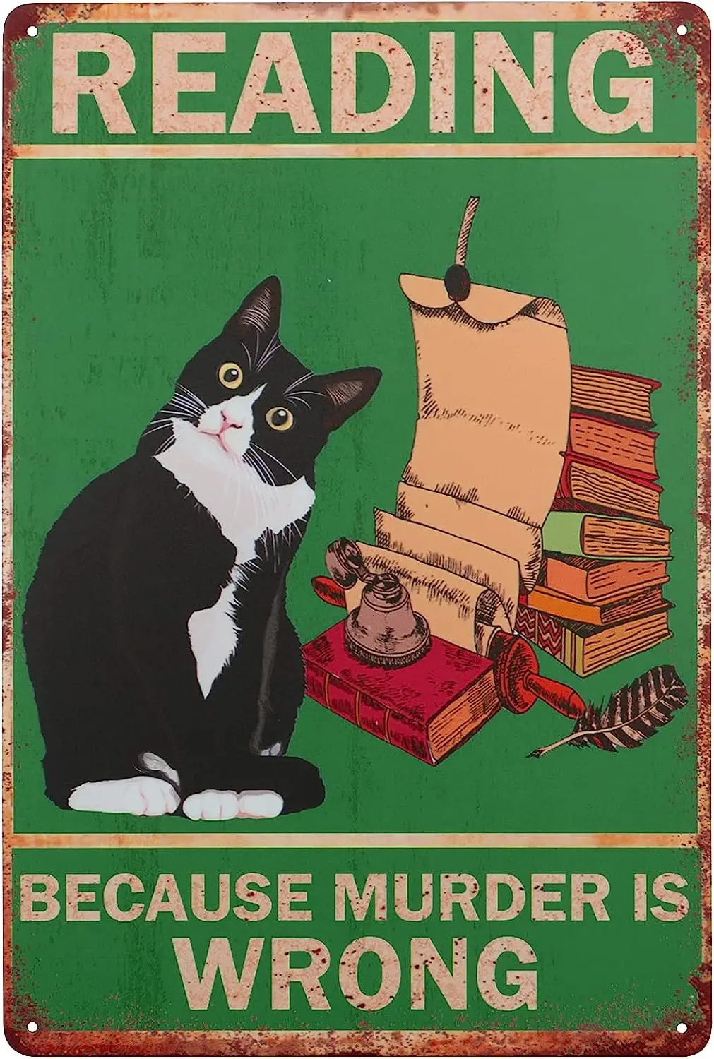 Black Cat Reading Vintage Metal Signs Reading Because Murder is Wrong Retro Signs for Library Reading Room Home Coffee