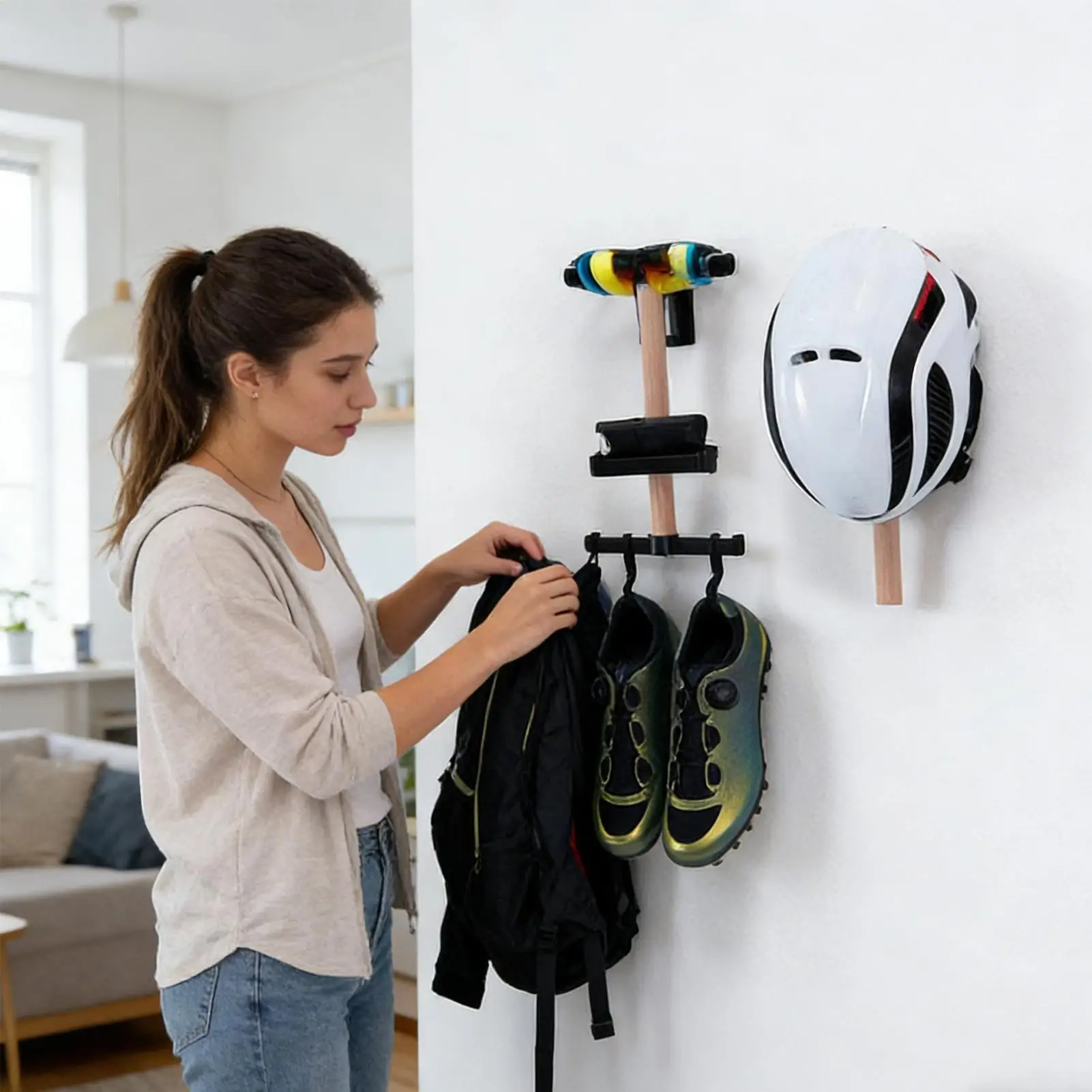 Bicycle Wall Storage rack 1 Set Beech Wood Mounted Gear Rack Helmet Holder for Cyclists Home and Apartment Garage Accessory