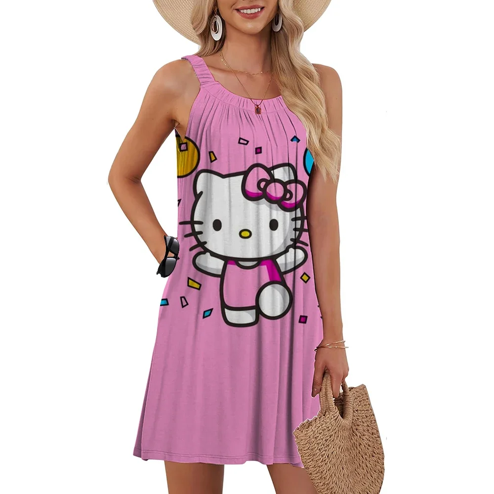 Mouwloze hemdje-swingjurk voor dames, casual en los, comfortabel, mode, Hello Kitty, lange feestmode, strandjurk