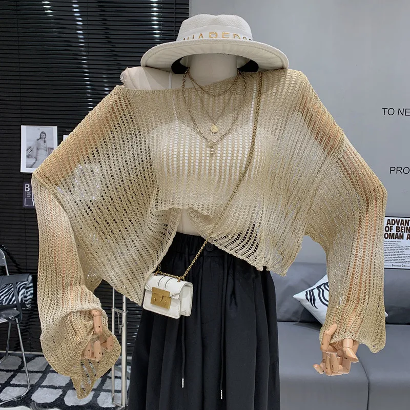 

Lazy style hollowed out knitted sweater for women's summer design gradient overlay thin and loose fitting slimming and sexy top