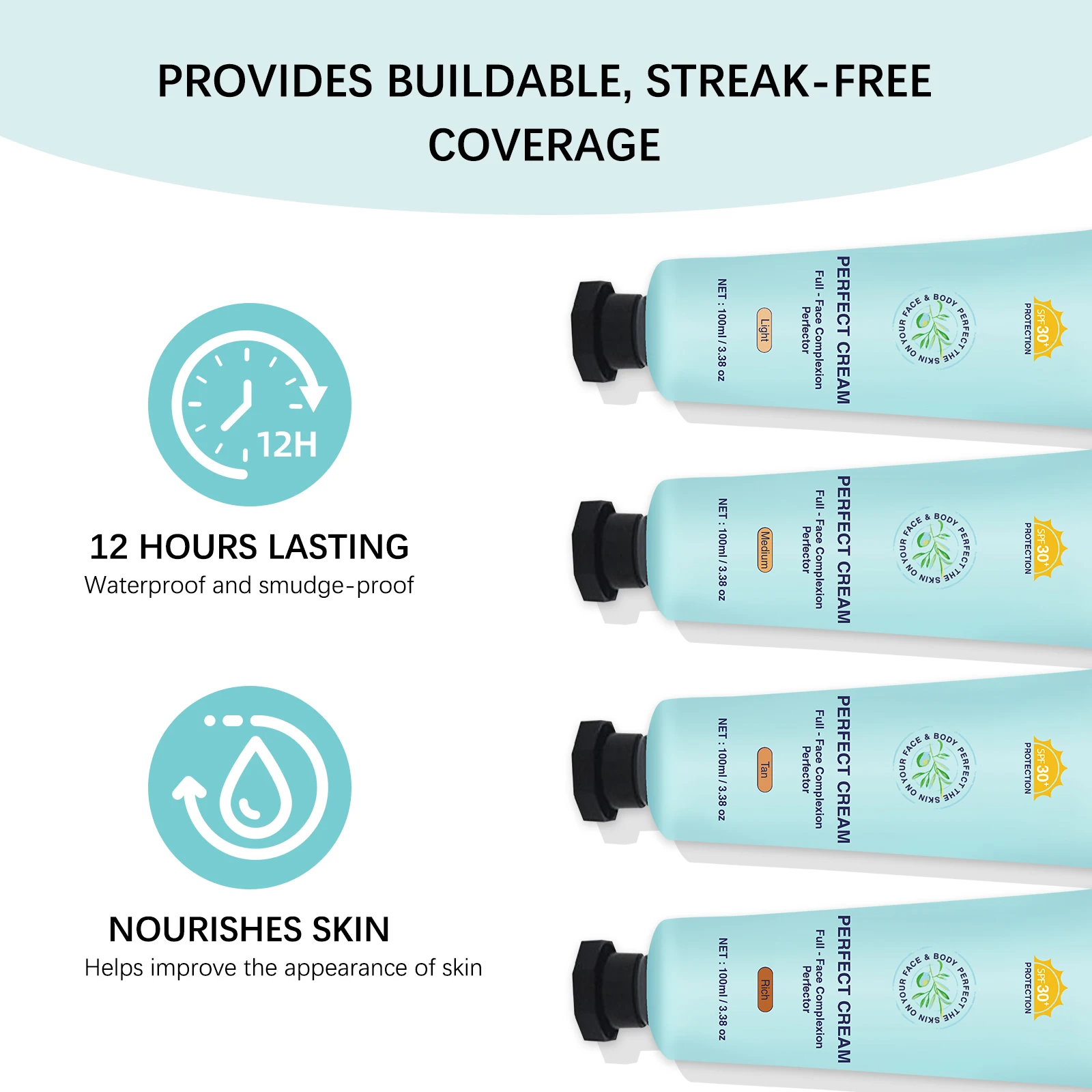 GROEI 3-in-1 100 ml Perfect Cream Light/Medium/Tan/Rich, Korrektor für Gesicht und Körper, wasserfeste SPF30 BB-Flüssigkeit für alle Hauttypen