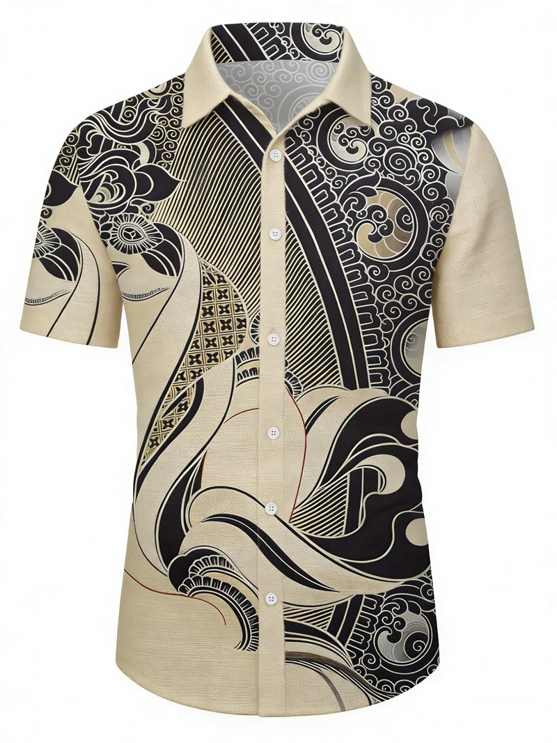

New national style ocean wave totem print men's short sleeve shirt linen breathable retro China-Chic lapel casual shirt