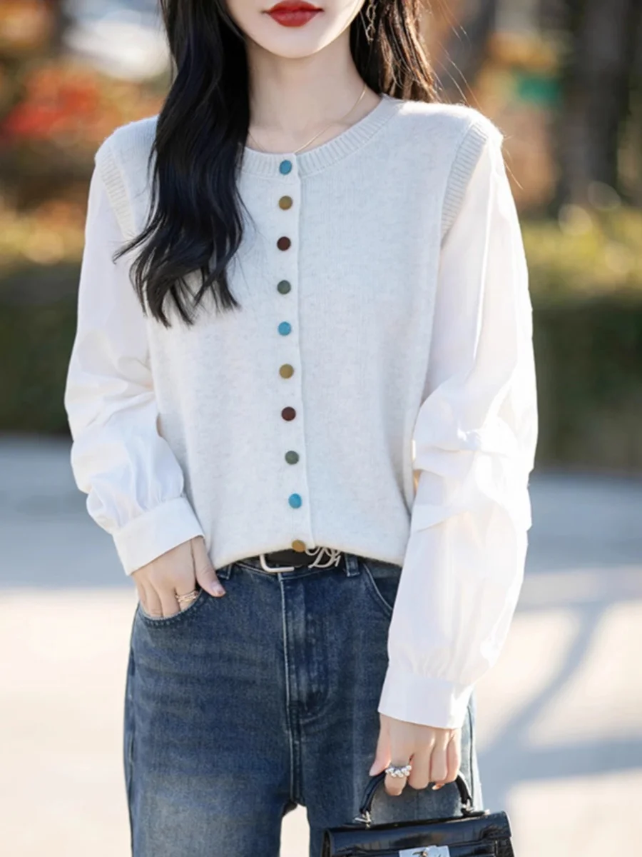   Botão de malha casual redondo ne feminino irt design sentido acolchoado falso cardigan aberto de duas peças commute sle