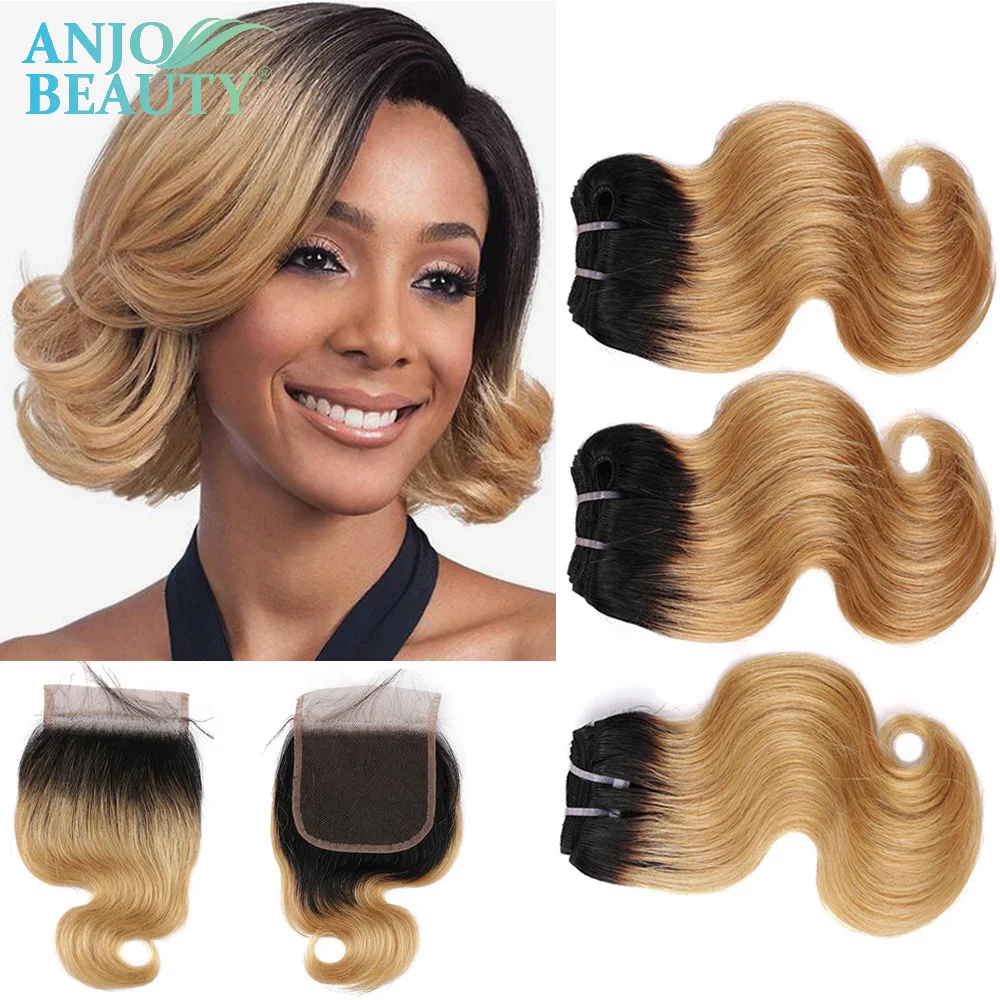 

Body Wave Human Hair 3 Bundles With Closure Blonde Short Bob Wig Brazilian Remy Blonde Style 50g per bundle 100% Human Hair