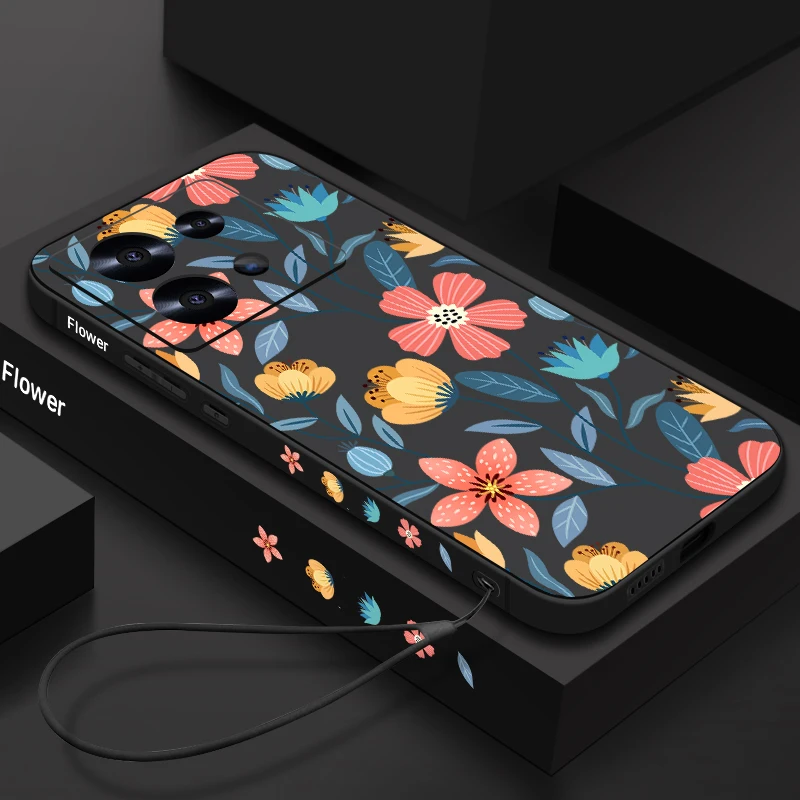 Flower Case For Xiaomi 13T 11T Poco F6 F3 X6 X5 Pro Mi 11 Lite 5G NE Funda Redmi Note 13 12 11 10 Pro 11s 14 Lanyard Cover