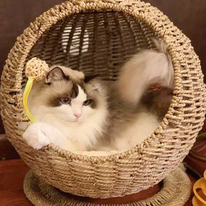 Sea Grass Hand Woven Semi Enclosed Pet Cat Cage Round Scratch Resistant Hanging Basket Rattan Woven Summer Cat Hammock