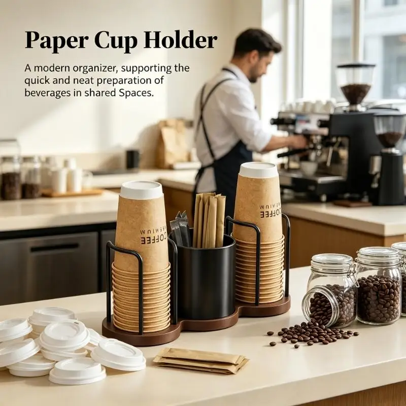 Coffee Station Paper Cup Rack with Counter Storage Plan, Side Support Frame and Top Opening Pickup Design for Shared Counters