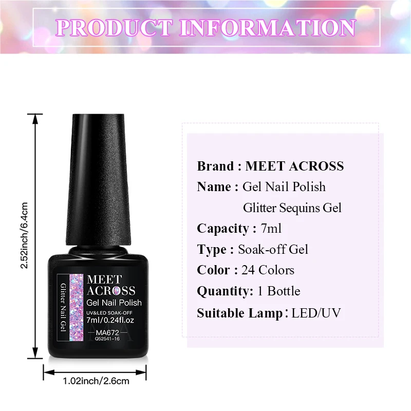 MEET ACROSS 7ml グリッタースパンコール ネイル用品 ジェル 速乾性 簡単に適用 長期的な UV/LED ソークオフ ネイルアート マニキュア ヴェルニ