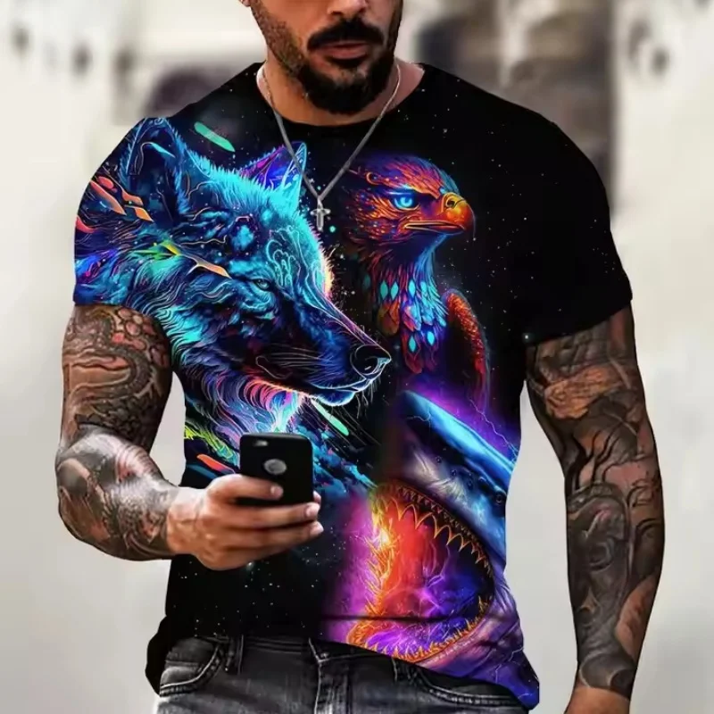 

Men's Summer Short Sleeve 3D Printed Animal Pattern Retro Trendy Street Top Daily Casual Round Neck Breathable Tees Male Clothes