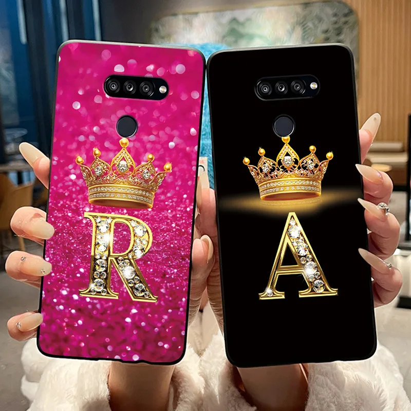 

Phone Case For LG K50S Bumper Silicone Black Case Superior Aesthetic Letter Glitter Crown Printed Shockproof Soft Cover