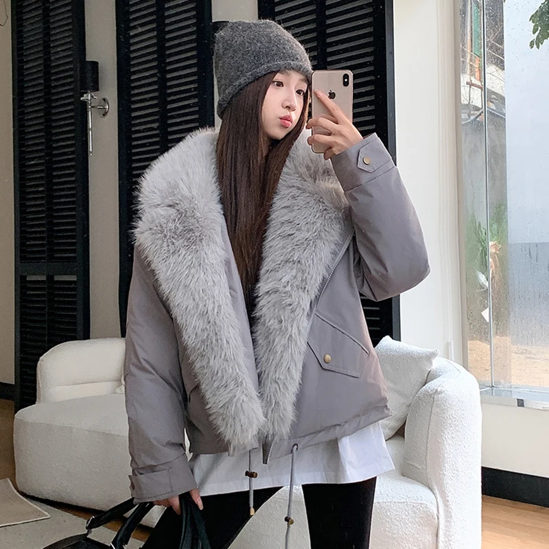 Women Fake Big Fur Collar Cotton Jacket American Fashion Winter Thicken Coat Casual Vintage Lapel Warm Moto & Cycle Jacket