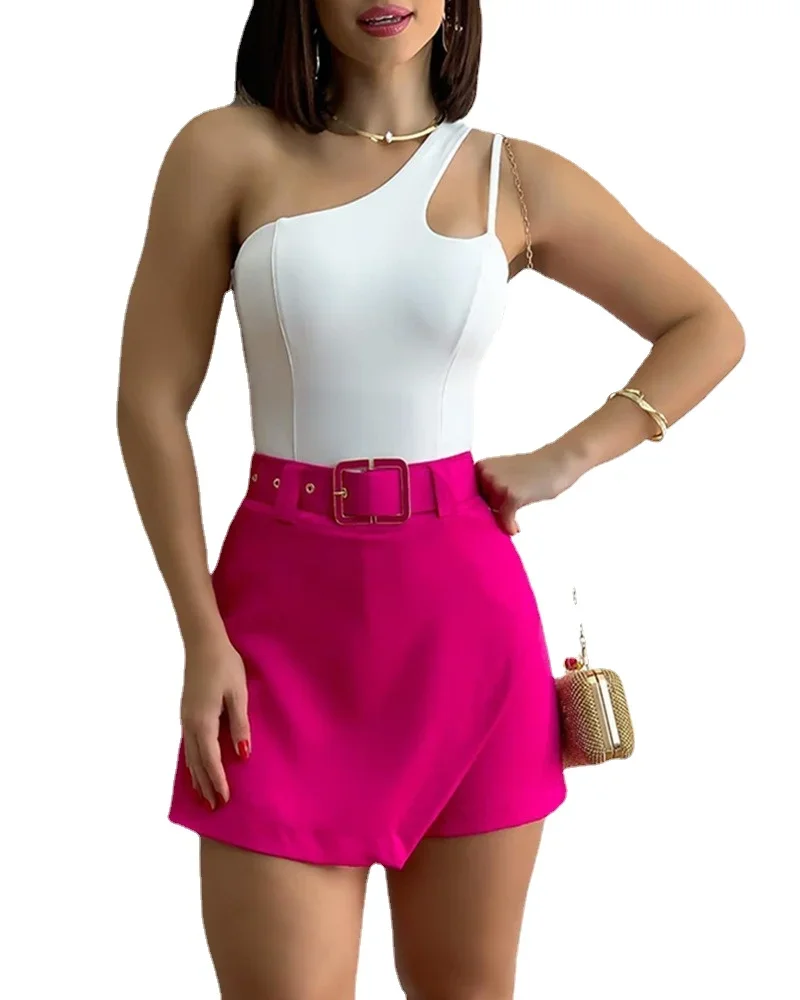 Summer 2 Piece Outfits Women\'s Short Skirt Pants Suit White One-Shoulder Slim Top Rose Red Culottes Women Two-Piece Sets