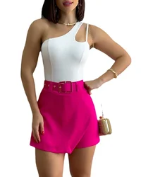 Summer 2 Piece Outfits Women's Short Skirt Pants Suit White One-Shoulder Slim Top Rose Red Culottes Women Two-Piece Sets