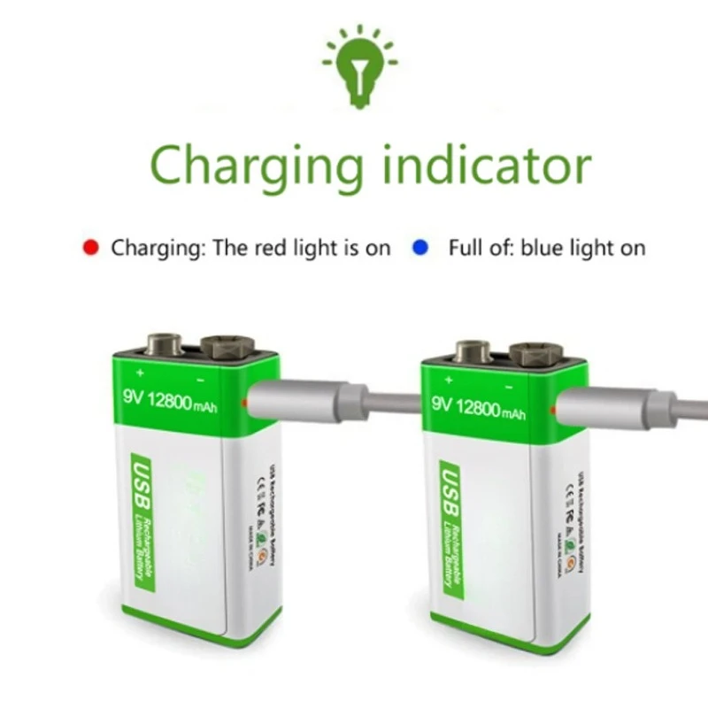 9V 12800mAh Lithium Ion Rechargeable Battery Micro USB Battery Microphone 9-volt Charging Durable Lithium Battery