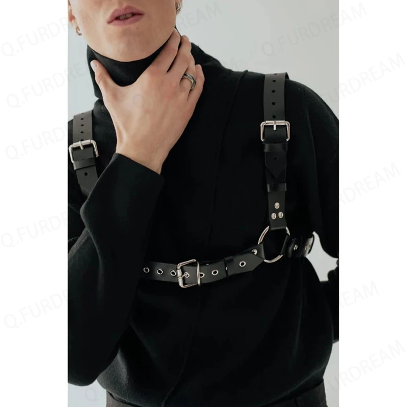 Gay Men\'s PU Leather Chest Harness with Chain Suspenders Body Harness Festival Wear Carnival Rave Outfit Black Men Accessories