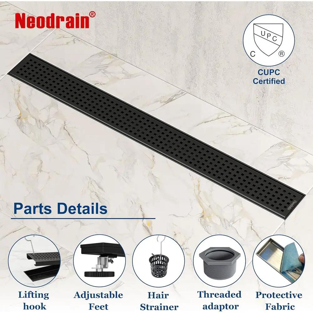 Sifone doccia lineare nero opaco da 18 pollici con griglia rimovibile, in acciaio inox 304, piedini livellanti, filtro per capelli