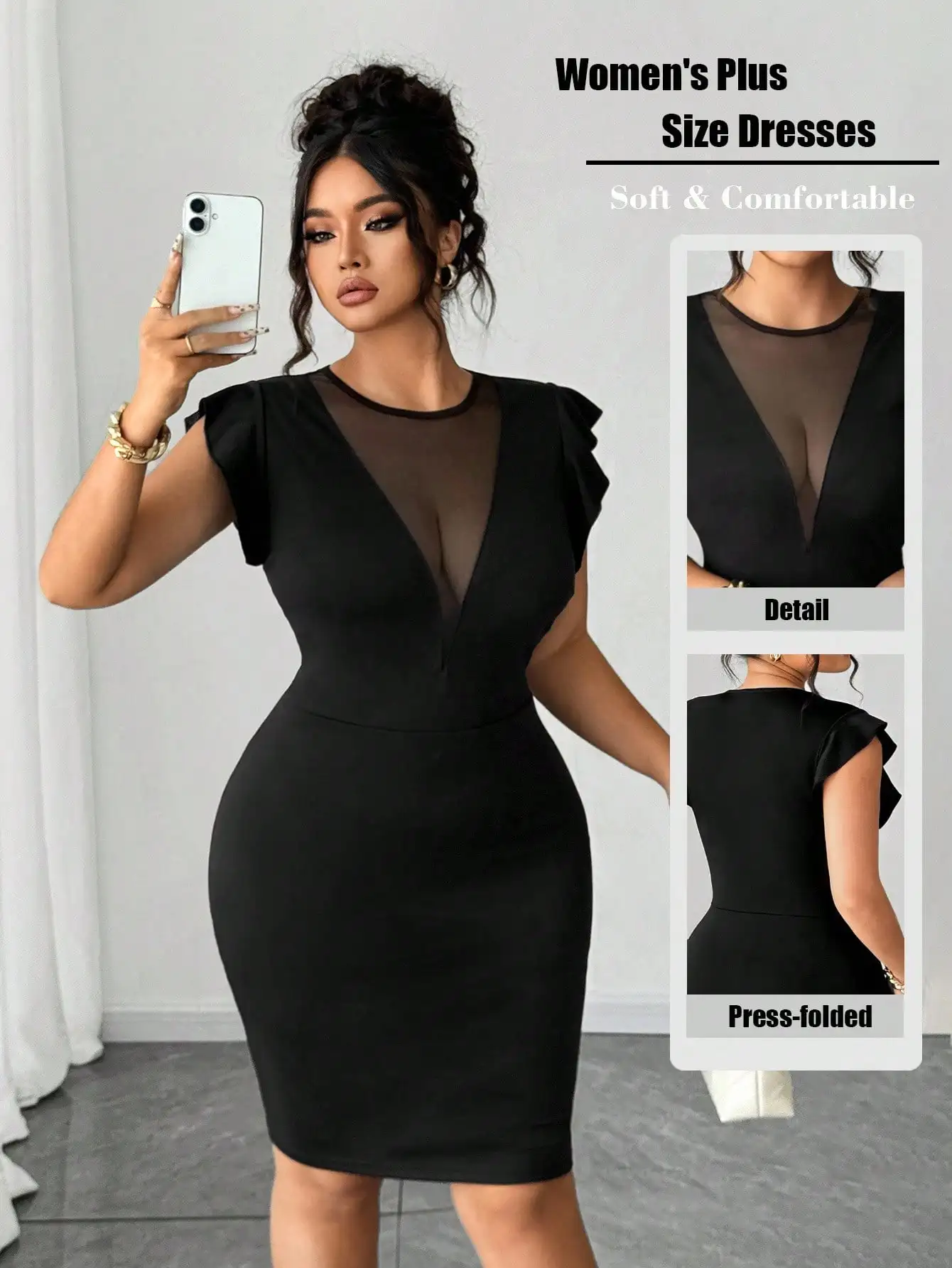 

Черное облегающее платье больших размеров с V-образным вырезом, прозрачными вставками и рукавами с рюшами