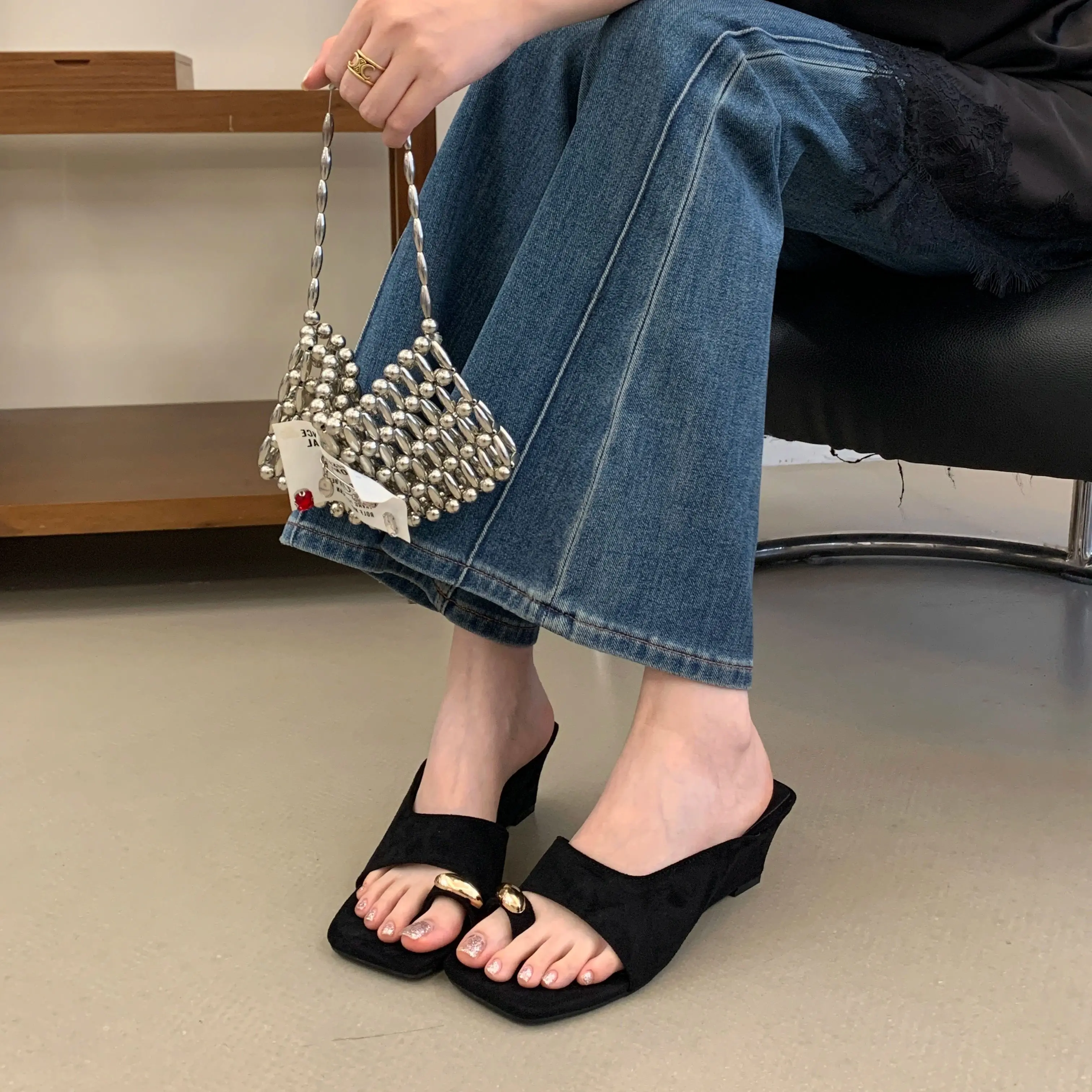 AIYKAZYSDL Women Open Toe Metallic Rine Toe Wedge Heel Low Slides Mules Sandals Slippers Faux Suede Slippers Shoes Pumps 2026