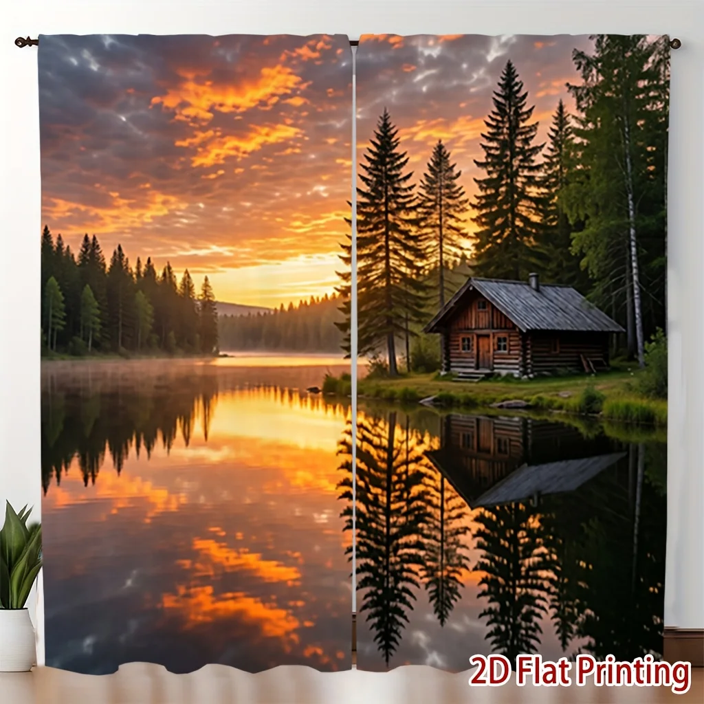Stunning Sunset Over Mountain Lake Forest Cabin Landscape Curtain Home Decor Waterproof Print