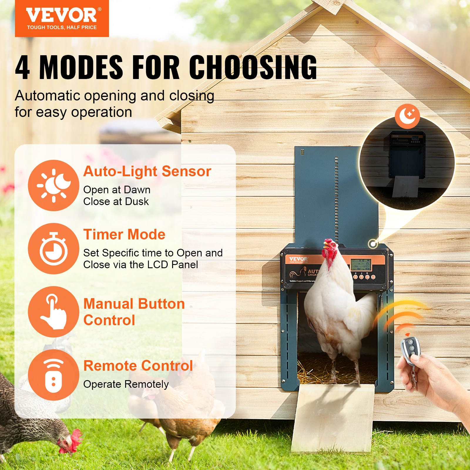 VEVOR Automatic Chicken Coop Door with Light Sensing Remote Control Auto Chicken Door Opener Chickens Supplies Battery Powered