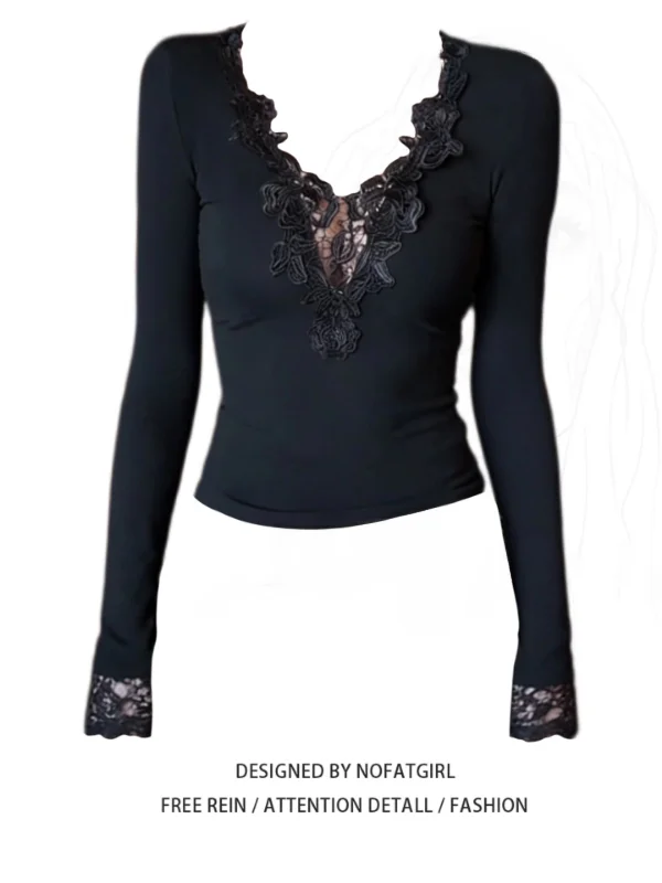 

plus Size Sexy Bla Lace Splice Long Sve T-irt Women's Autumn Winter V-Ne Slimming Base irt Top Korean Sle Commute