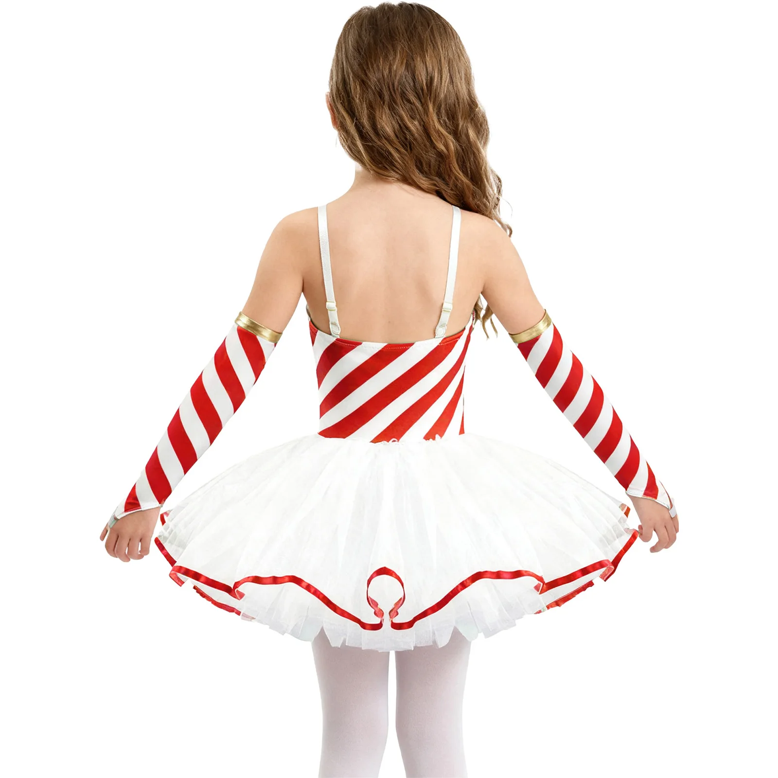 Children Girls Christmas Party Dance Dress Sleeveless Candy Cane Striped Mesh Ballet Tutu with Sleeves Xmas Santa Elf Costume