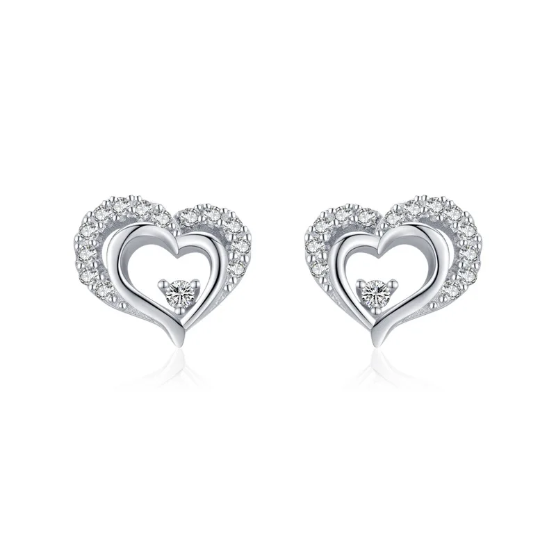 

S925 Sterling Silver Women Flash Diamond Earrings Sweet Zircon Hollow Heart Fine Stud