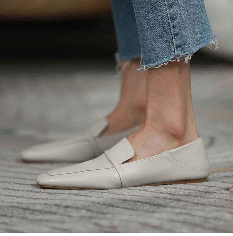 Size 44 Cowhide Square Toe Women Flats Casual Loafers Ladies Shoe Without Heel 1 CM Spring Autumn Mules Female Simple Flats 2022