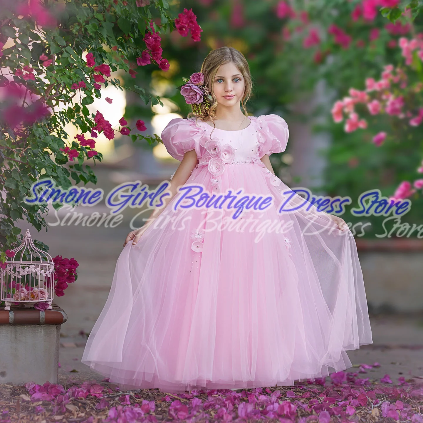 Pearl Appliques Puff sleeves Pink princess dress Flower Girl Dress for Birthday party Dance Performances Wedding Ceremonies