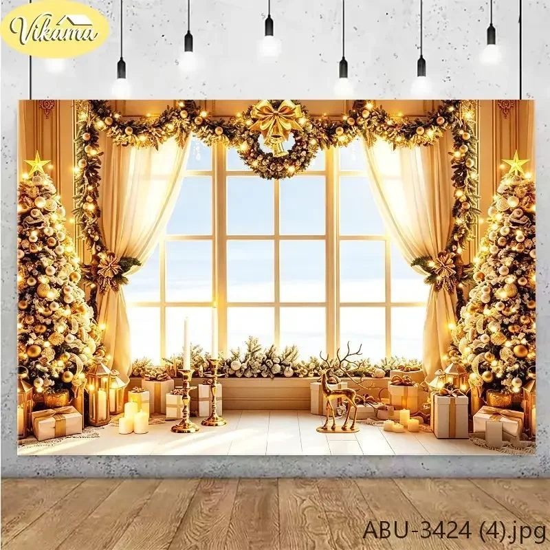 VIKAMA Photography Background Christmas Family Window Wreath Backdrop for Party Birthday Photo Booth Home Decor