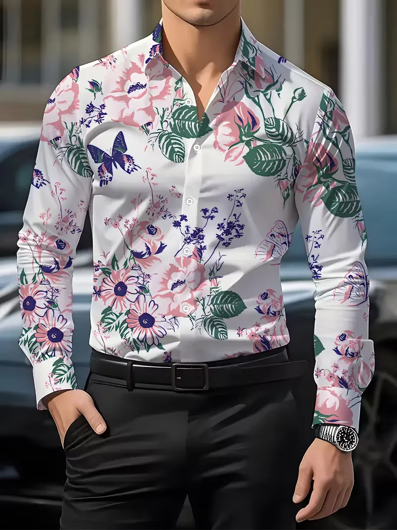 New Bohemian Style Floral 3D Printed Shirt men's Lapel Single Breasted Personalized Long Sleeved Top Clothing