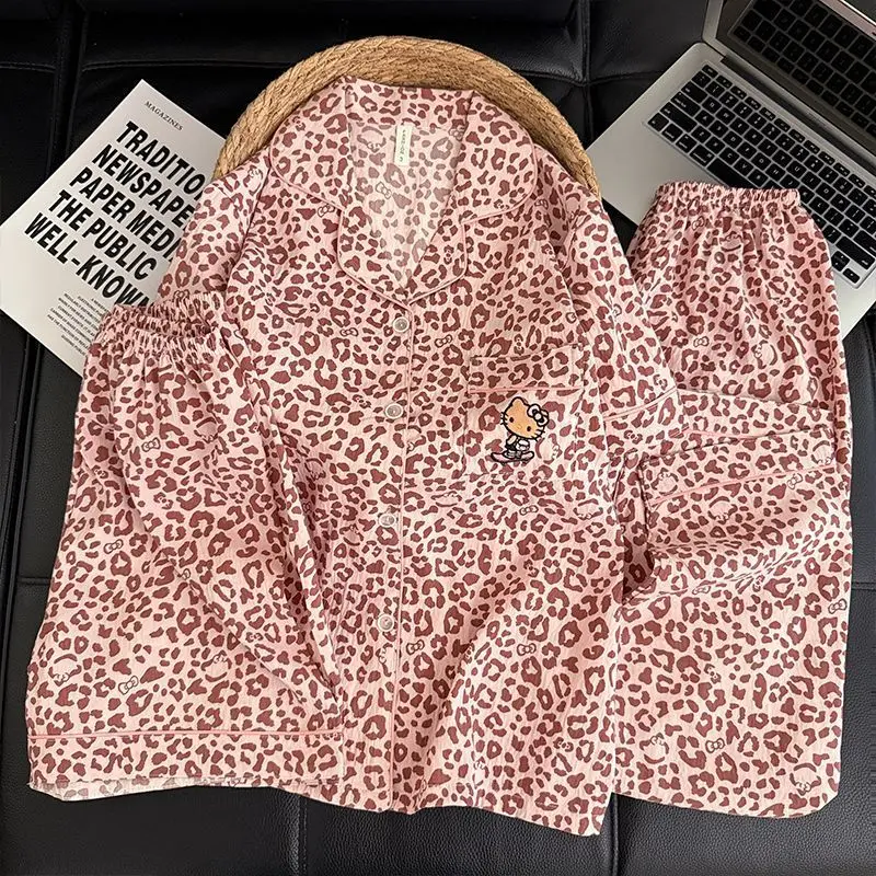 Sanrio Hello Kitty Y2K Pajamas 3 Piece Leopard Print Pyjamas Short Sleeve Shorts Pant Sleepwear Summer Pijama Cotton Home Suit